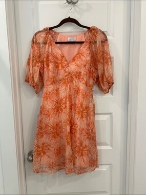 Lucy Paris Orange Floral V-Neck Puff Sleeve Dress